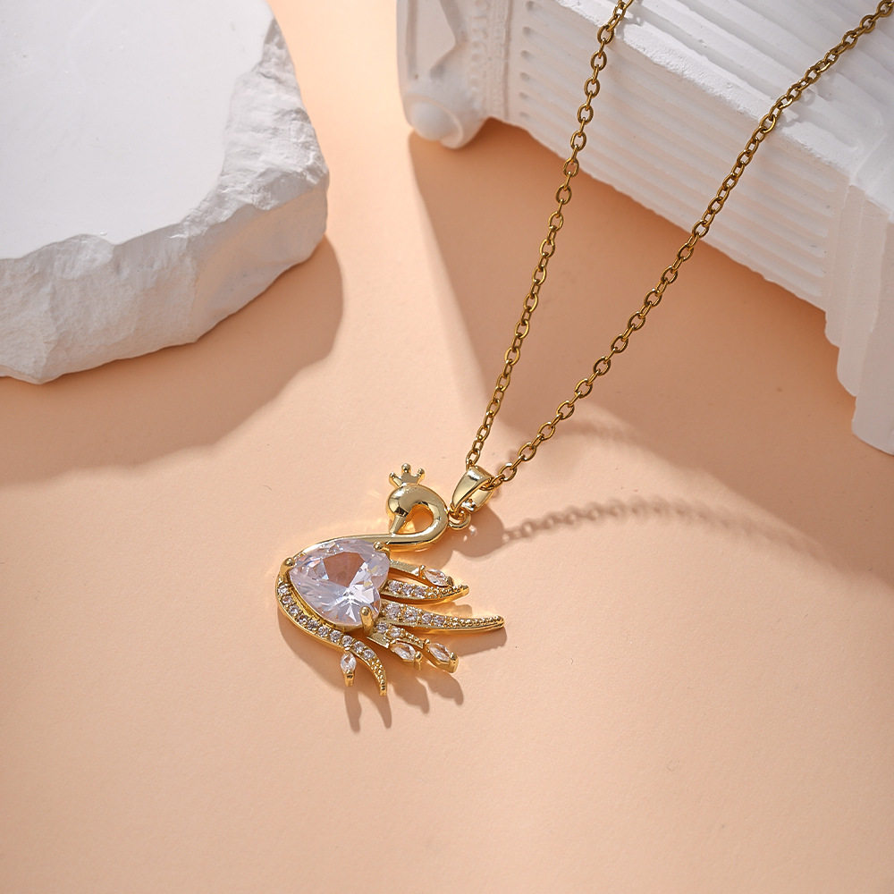 Little Swan Diamond Pendant Long Necklace Women's High-End Light Luxury Titanium Steel Sweater Chain Niche Personality Versatile Clavicle Chain