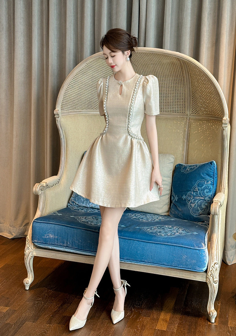 Đầm suông nữ midi cổ tròn tay bồng phong cách Chanel — [Đen], [Champagne] chi tiết 20