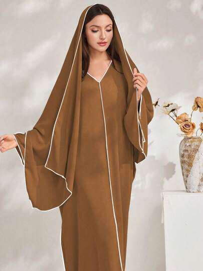 Al Najma Womens Solid Color V Neck Batwing Sleeve Loose Str