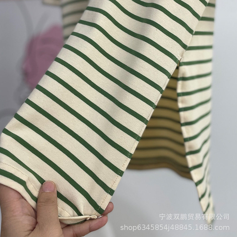 Womens Striped Loose Fit Cotton T Shirt Casual Long Sleeve Round Neck Side Slit Spring Summer Fashion Wholesale