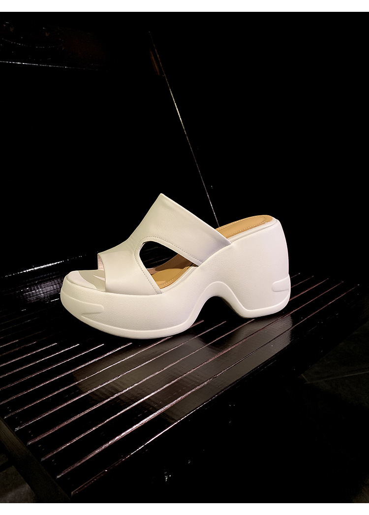 Dép sandal nữ quai ngang đế dày tăng chiều cao 10cm bằng da bò thật — Màu be, Màu trắng ngà