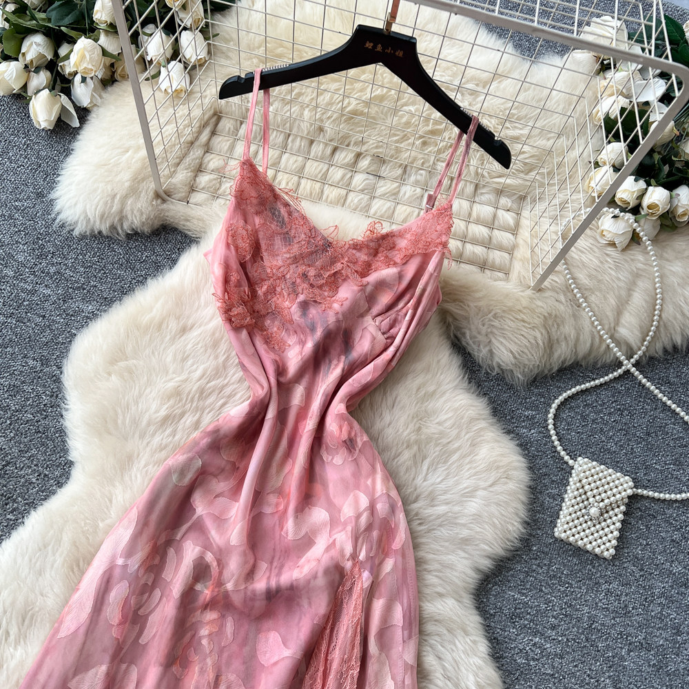 French Vacation Style Pink Floral Maxi Dress for Women High Waist Sleeveless Slim Fit Elegant Summer Wear