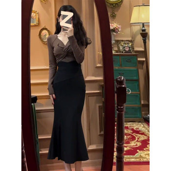 French Twist Long-Sleeved Top Fishtail Skirt Suit Korean Style Pure Desire Slim Fit Western Style Skirt Female Manufacturer