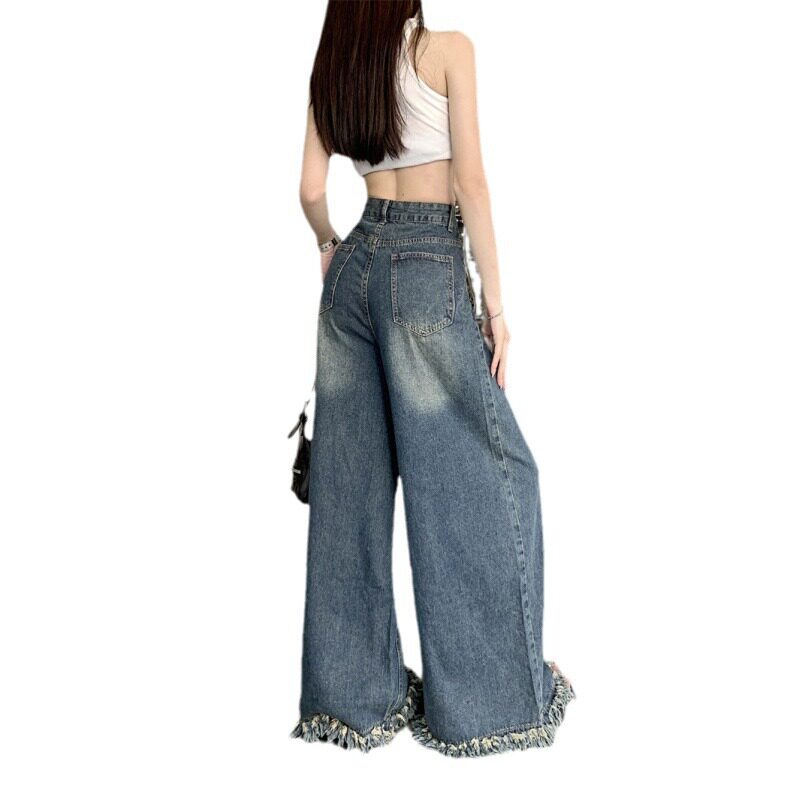 High Waisted Wide Leg Jeans for Women Vintage Style Loose Fit Frayed Hem Spring and Autumn Fashion Wholesale
