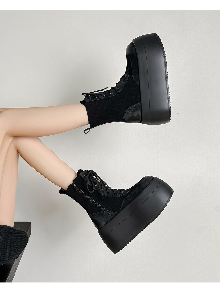 Boot Martin nữ đế dày 8.5cm cổ ngắn dây buộc phối màu da lộn — Lớp lót đơn màu be, Lớp lót đơn màu đen, Lót nhung đen, Lót nhung màu be