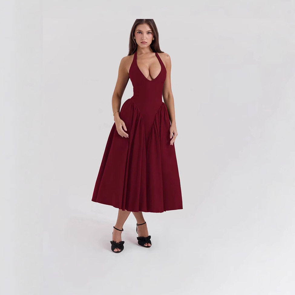 Deep V Neck Halter Backless Dress Slim Fit Elegant Style High Quality Fabric Perfect for Evening Events OEM