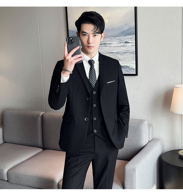 Bộ vest nam ôm dáng ba món phong cách công sở và dự tiệc cưới — Màu xám (áo một nút + áo vest + quần), Màu xanh navy (áo một nút + vest + quần), Màu xám (áo một nút + quần), Màu xám (áo đơn một nút)