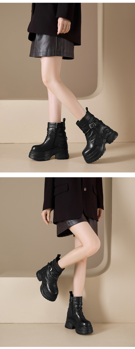 Boot nữ cổ thấp tăng chiều cao 12cm đế dày khóa kéo bên hông — Kaki lót đơn, Lớp lót đơn màu đen, Lớp lót đơn màu nâu, Lót nhung đen