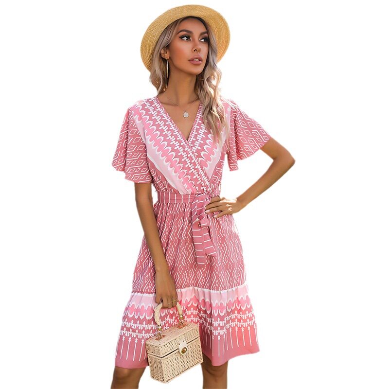 Geometric Print A Line Dress Short Sleeve V Neck Ethnic Style Casual Summer Wear Wholesale Available