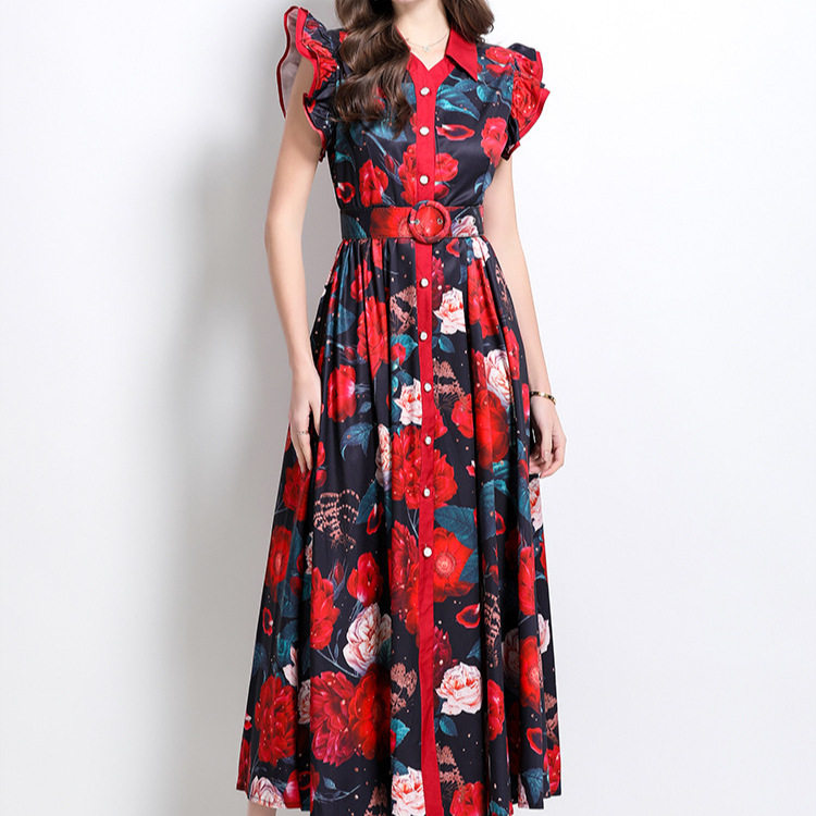 Floral Ruffle Sleeve A Line Dress Slim Fit Waist Defined Elegant Style Perfect for Parties and Special Occasions