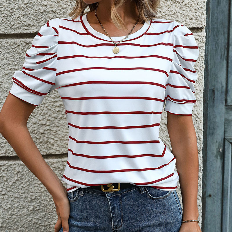 Striped Puff Sleeve T Shirt Summer Fashion Casual Style Comfortable Fabric Wholesale Available