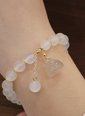 新款天然荔枝冻白玛瑙手链莲蓬吊坠手串白茶清欢8MM串珠手饰礼物