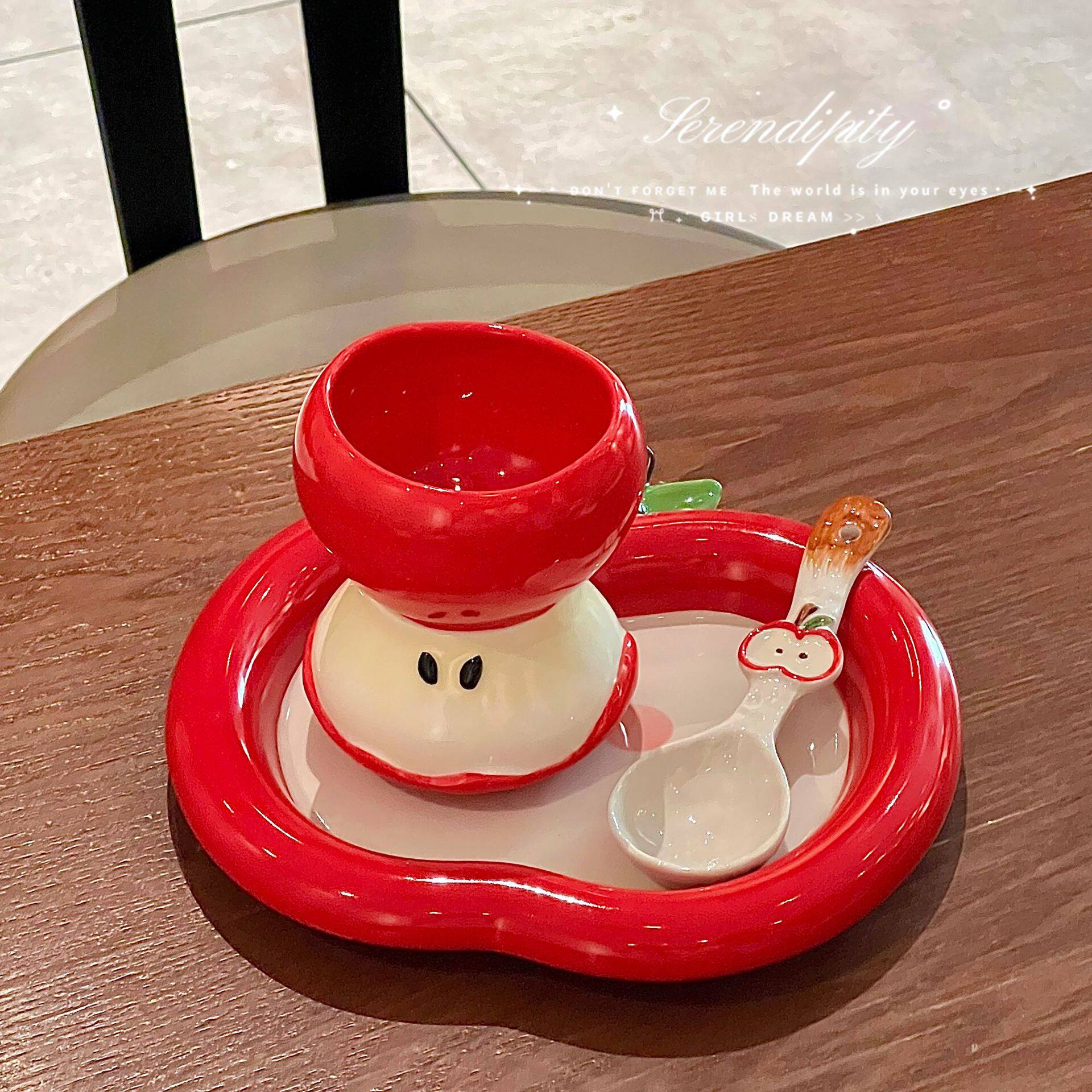 Internet Celebrity Apple Plate Cartoon Ins High-Looking Cute Ceramic Apple Cup Bowl Dish Spoon