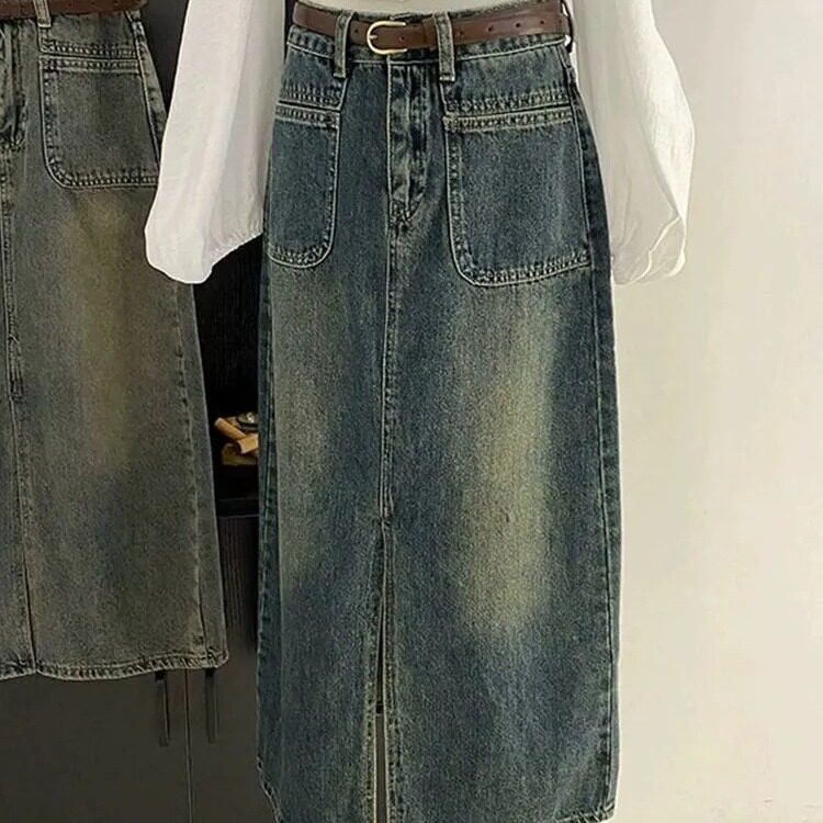 High Waisted A Line Denim Skirt Split Design Mid Length Versatile for Autumn Wholesale Available