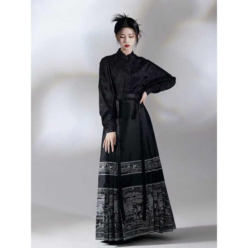Wind-led One-sleeve Original Hanfu Many People Ming-made Black Horse-faced Skirt Summer Men's and Women's National Style Vertical Collar Short Shirt suit