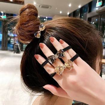 Japanese and Korean Style Rhinestone Bow Hair Ring Hair Rope Women's Half-Tie Hair Accessories Ball Head High Elastic Rubber Tendon Hair Rope Fashion Hair Accessories
