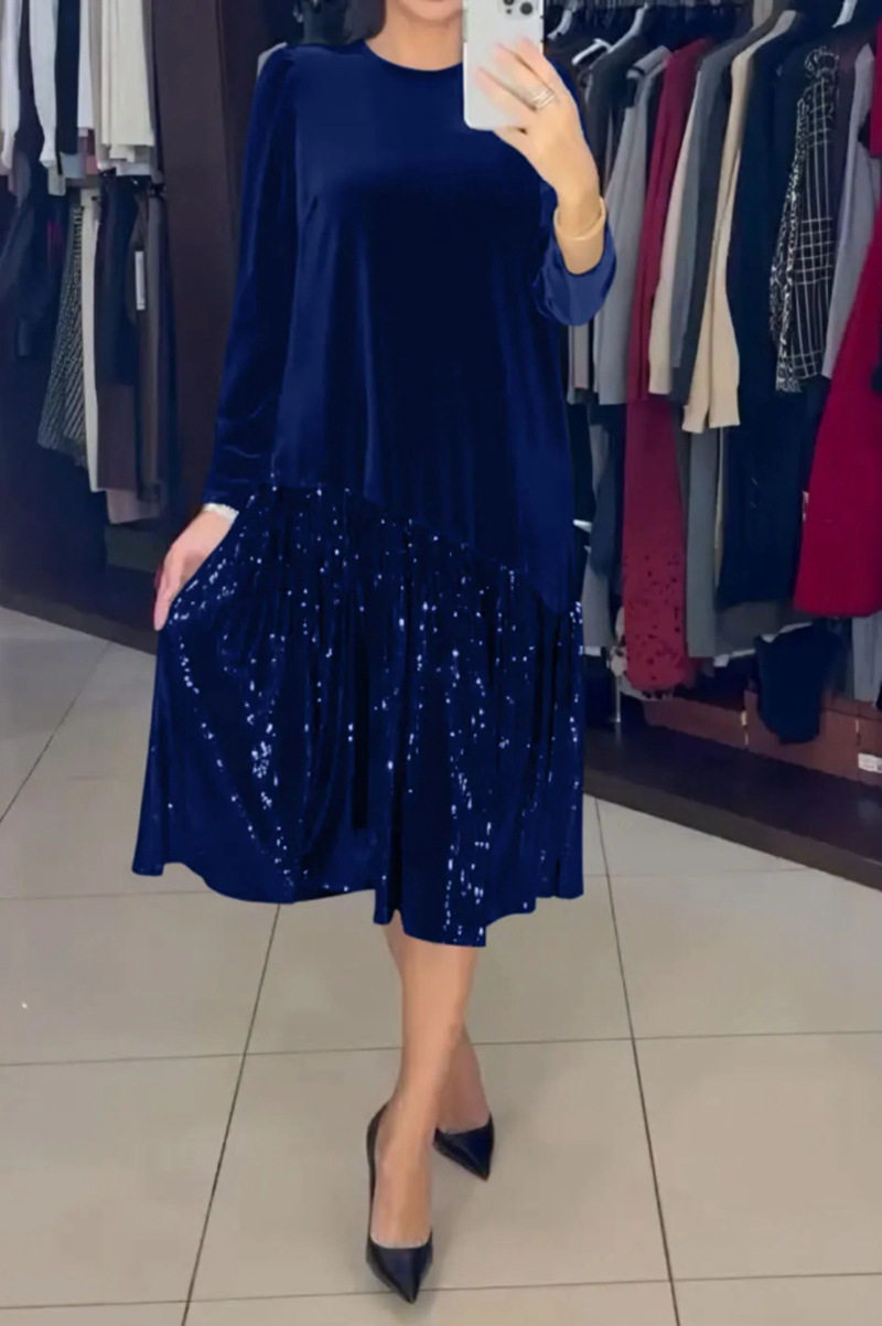 Long Sleeve Sequin Hem Dress Solid Color Round Neck Casual Style Perfect for Winter Events Wholesale Available