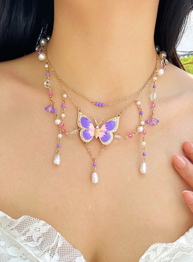 欧美跨境饰品串珠小众设计感甜酷y2k蝴蝶choker千玺风多巴胺项链