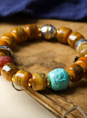 藏饰牛骨炸裂纹桶珠手串菱镁矿松石龙珠佛珠手链民族风饰品