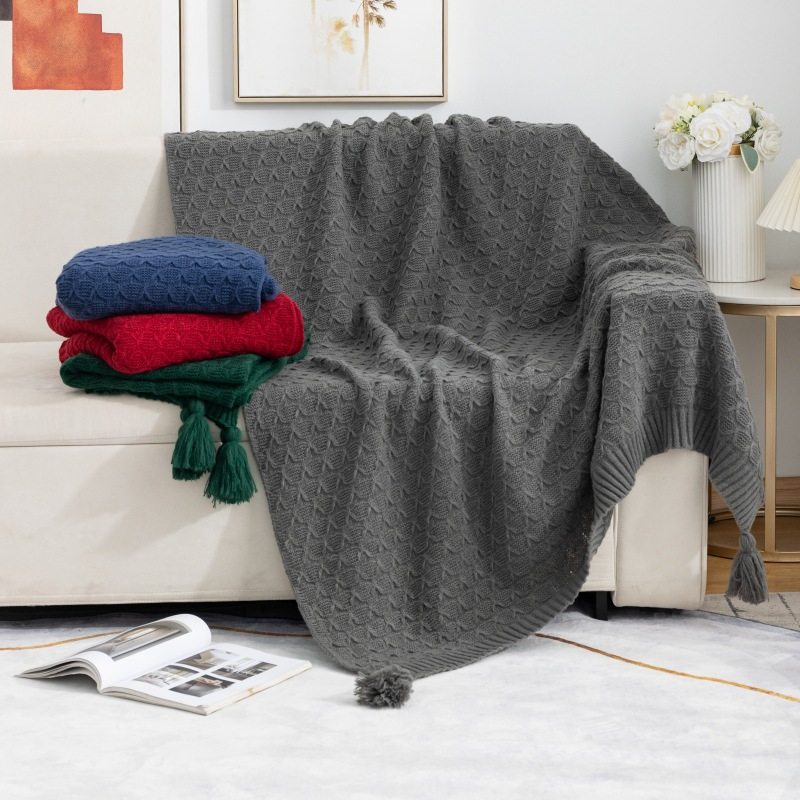 New European Style Tassel Knitted Blanket Thickened Nap Sofa Blanket Office Blanket Bedside Blanket Winter Thick Thread Blanket