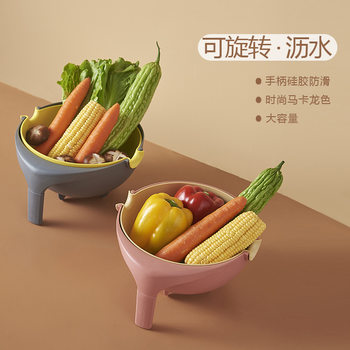 Rotating vegetable washing basin drain basket double-layer washing plate rice washing multi-function water filter household kitchen basket drain plastic artifact