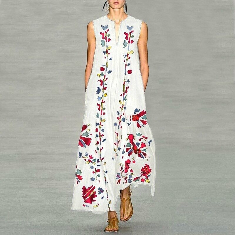 Fashionable Deep V Neck Printed Maxi Dress Sleeveless Trendy Design Comfortable Fabric Perfect for Summer Events