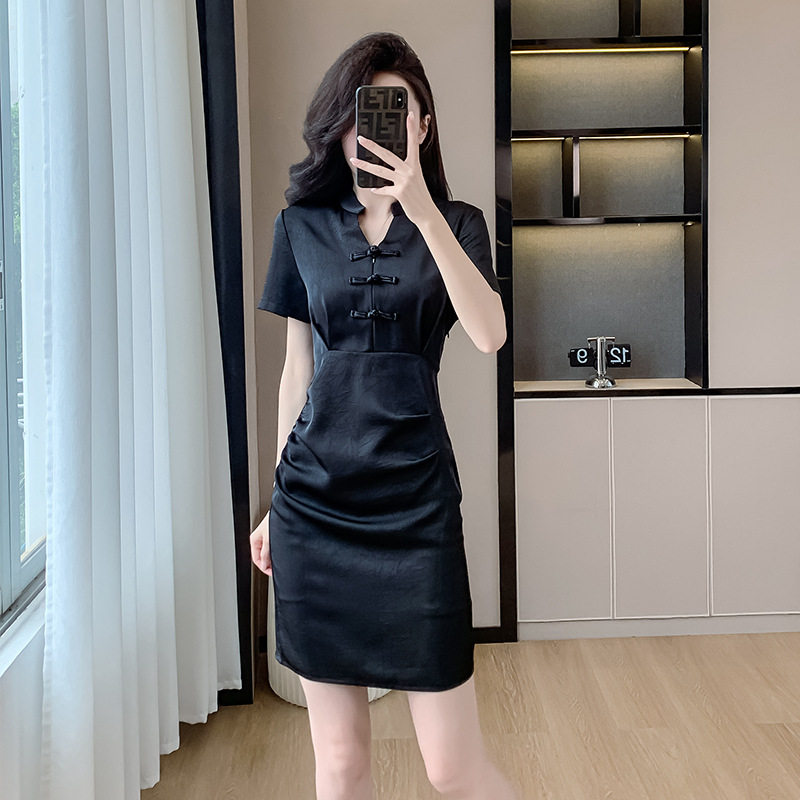 Váy Đầm Nữ Dáng Ôm Chiết Eo Phong Cách Trung Hoa Cổ Điển Màu Đen