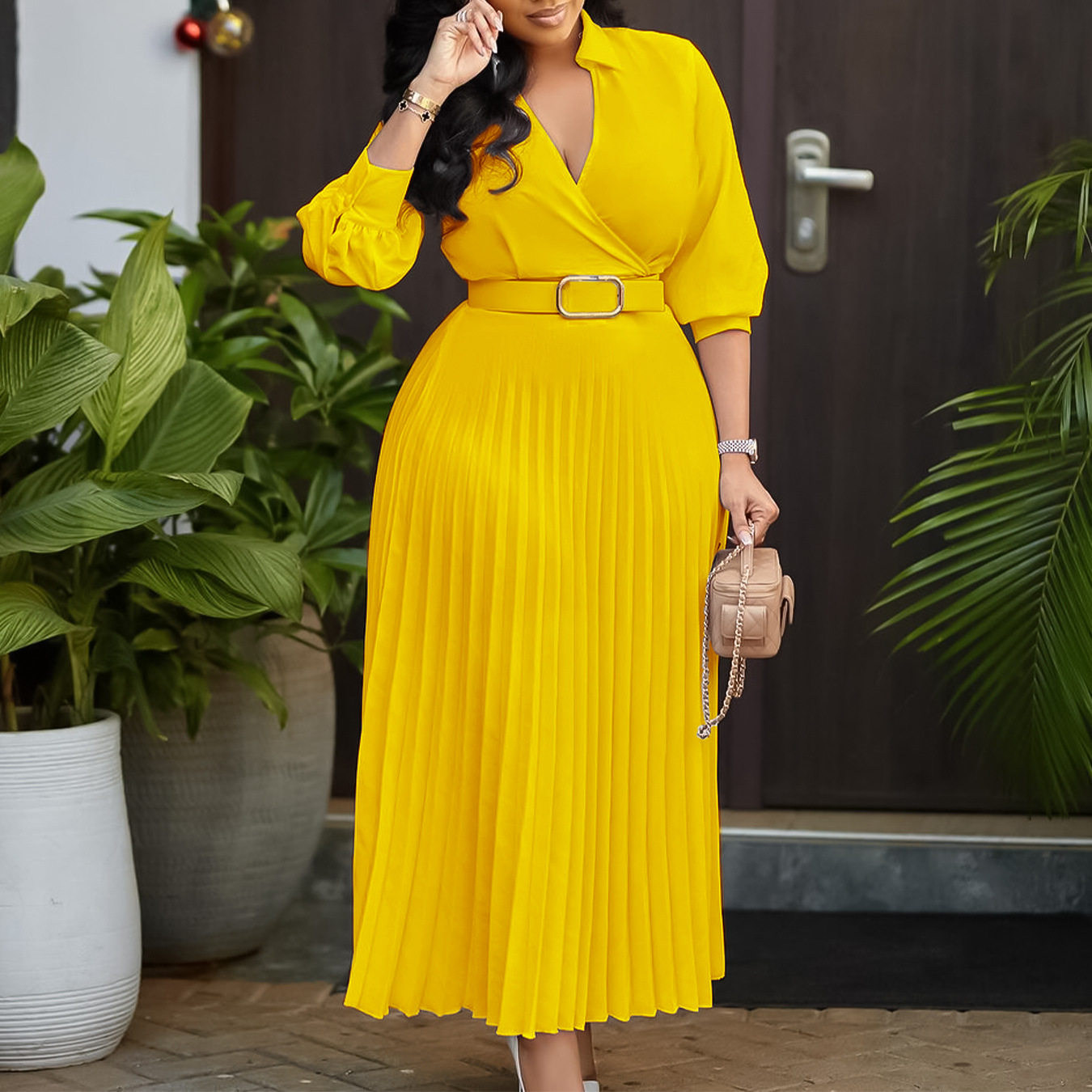 V Neck Long Sleeve Pleated Dress Solid Color Flowy Skirt Fashionable Design Spring Summer Wear Wholesale Available
