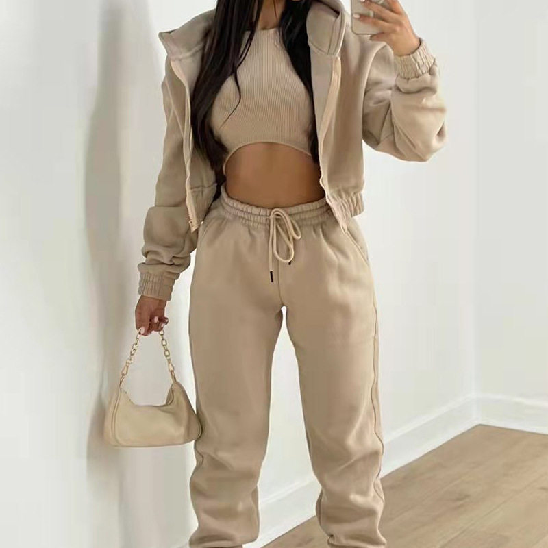 Womens Casual Sports Hoodie and Long Pants Set Solid Color Spring Collection Comfortable Fit Wholesale Available