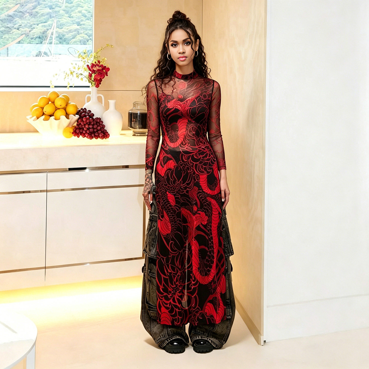 Womens Long Sleeve High Neck Top Fashionable Snake Print High Slit Design Spring Collection Wholesale Available