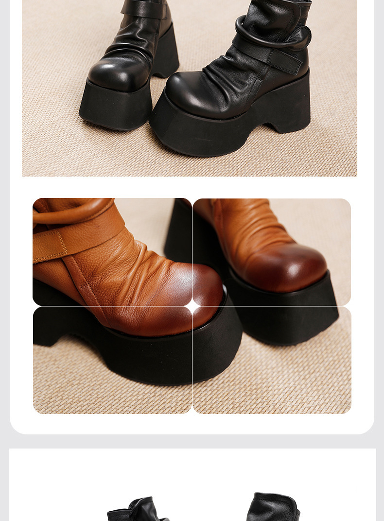 Boot nữ da thật đế dày 10cm gót xuôi mũi tròn dán quai — Màu đen, Màu đen lót nhung, Màu nâu, Màu nâu lót nhung