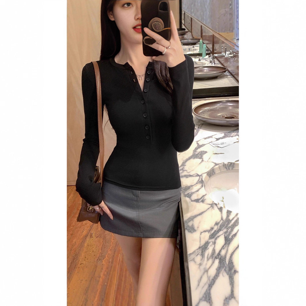 美式辣妹半开领纽扣长袖T恤女秋季新款修身显瘦内搭打底衫上衣潮