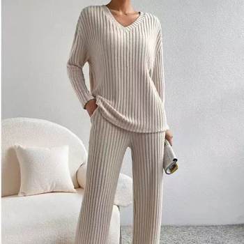 2025 Autumn and Winter Suit Cross-Border New Home Fashion Casual Straight Pants Elegant Loose V Neck Pit Strip Two-Piece Set