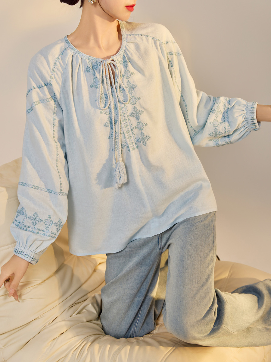 Áo sơ mi nữ linen dài tay thêu họa tiết dáng rộng — Màu trắng be, Màu xanh đậm, Màu xanh lam nhạt