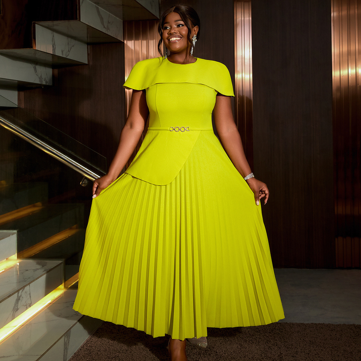 AM040924 Large size temperament cape sleeve dress banquet flesh-covering pleated skirt evening dresses