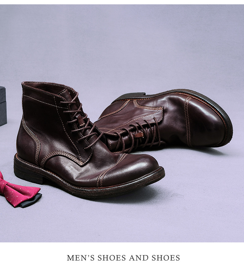Giày boot nam da ngựa cổ cao mũi tròn đế khâu Goodyear thủ công — Màu đen, Màu cà phê