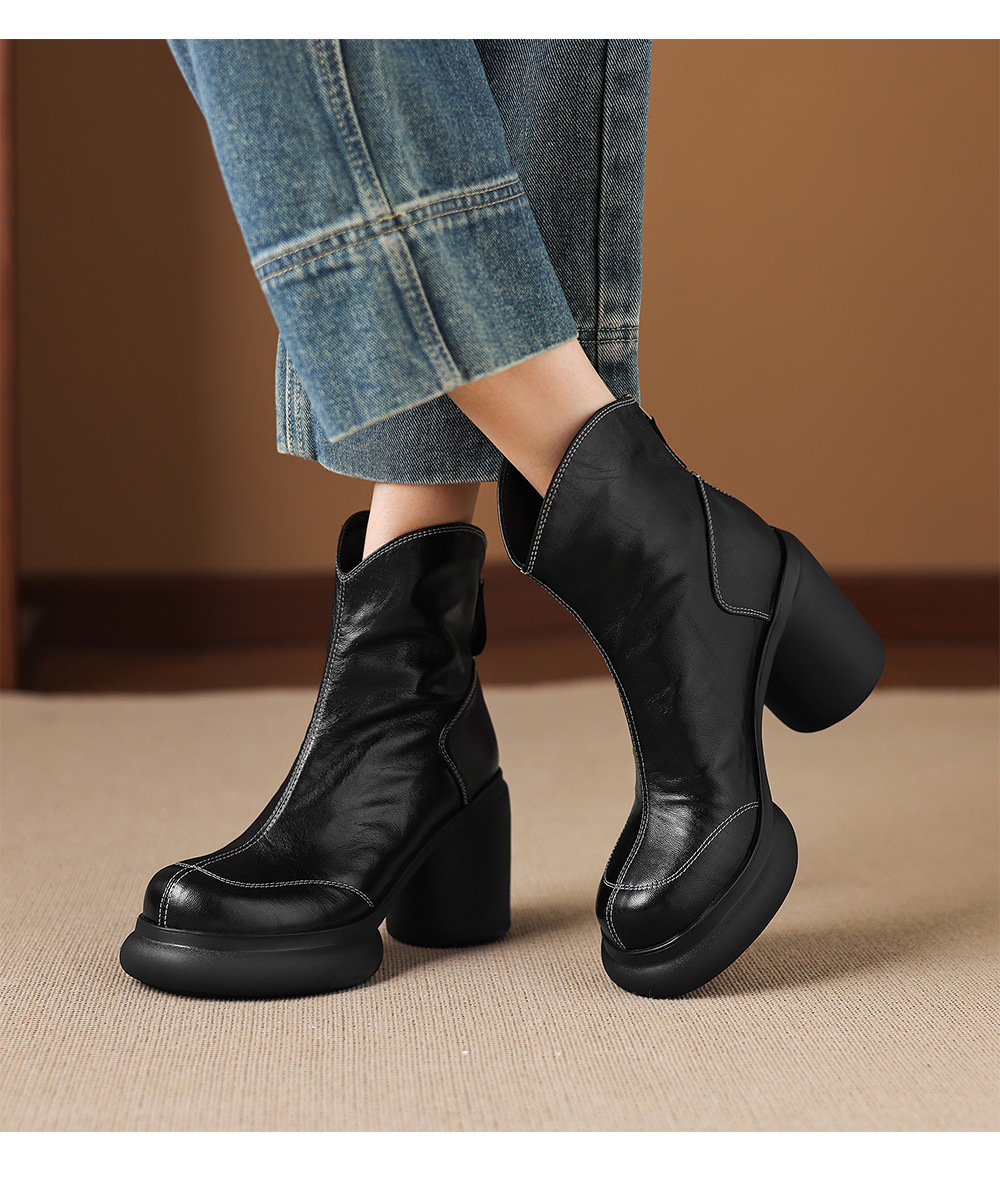 Boot nữ cổ ngắn da cừu gót thô khóa kéo sau — Lớp lót đơn màu đen, Lớp lót đơn màu nâu, Lót nhung đen, Lót nhung màu nâu