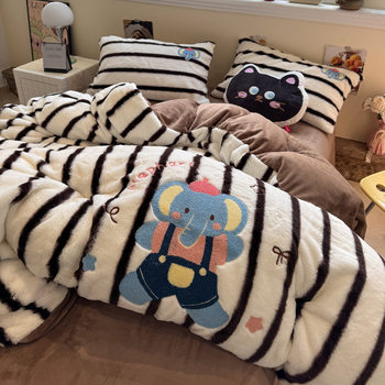 Cartoon Cute Towel Embroidered Rabbit Milk Velvet Four-Piece Winter Thickeneded Warm Coral Velvet Student Dormitory Bedding