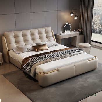Light Luxury Bed Modern Minimalist Storage Headboard Layer Cowhide Master Bedroom Large Bed 1.8m Double Bed 2m X 2.2m