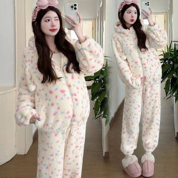 Lazy Style Autumn and Winter Hooded Sweatshirt Suit Maternity Wear Two-Piece Set High-Grade Lamb Wool Thickened Fleece Polka Dots