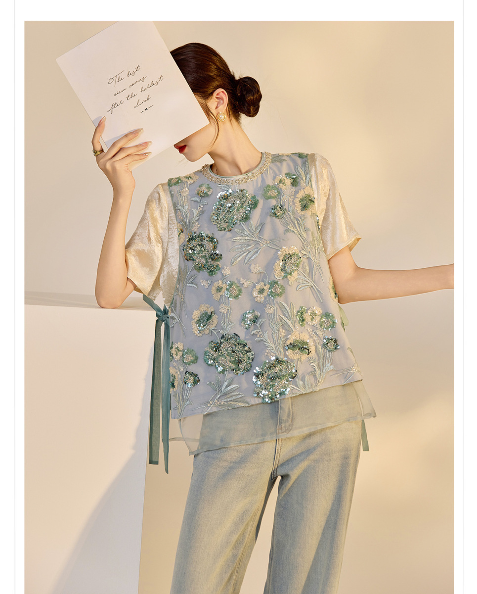 Áo vest nữ thêu cườm đính đá cổ tròn phối hoa văn — Jiyue Blue (giao hàng trong 7 ngày), Jiyue Blue (phát hành cùng ngày)