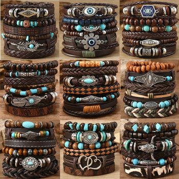 Cross-border New European and American Western Denim Style Leather Cow Tau Pine Stone Chicken Wings Coconut Shell Men's 6-piece Bracelet