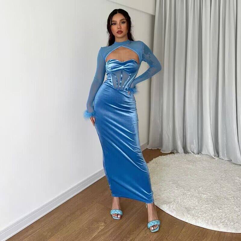 Womens Long Sleeve Sheer Mesh Dress Plush Fabric Hollow Out Design Slim Fit Nightclub Style Autumn Collection