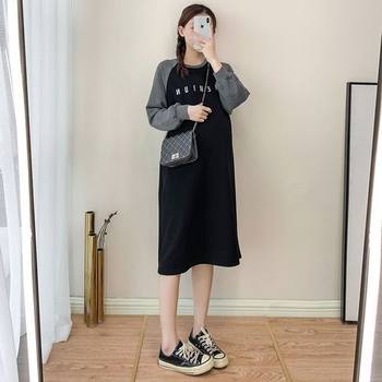 Maternity Wear Autum Preppy Style Mid-Length Winter Wear Fleece-Lined Sweatshirt Skirt Maternity Long Over-The-Knee Loose Shirt Skirt