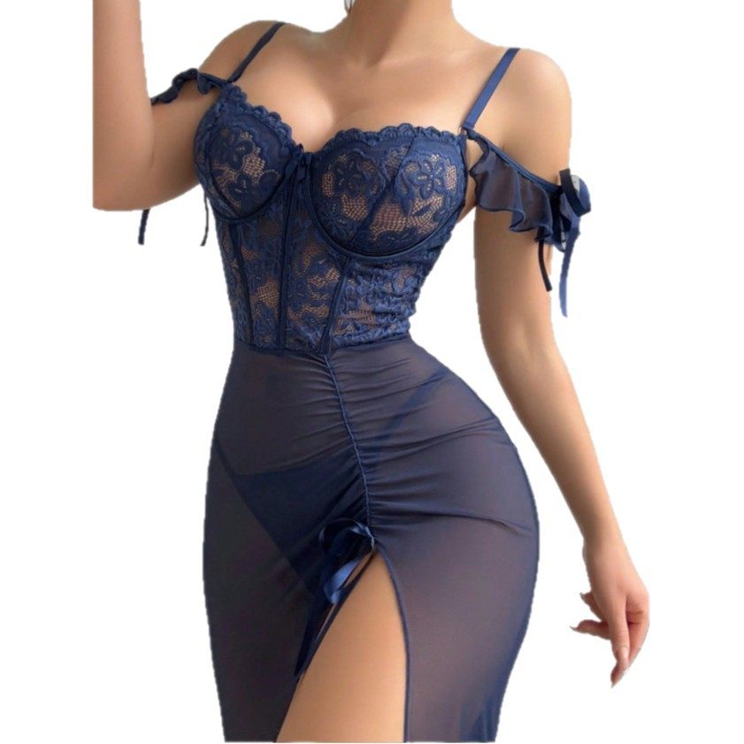 跨境性感蕾丝拼接情趣内衣套装花边一字领吊带网纱透视女睡裙