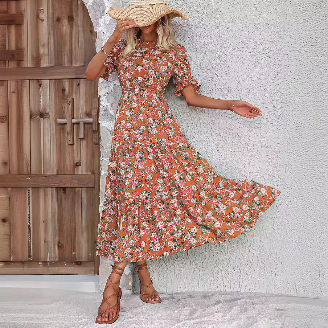 Womens Autumn Pullover Dress Floral Print Backless Loose Fit Casual Wear for Fall Wholesale Available