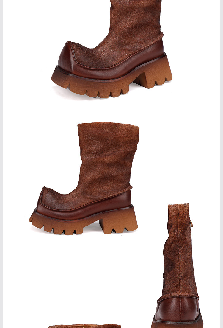 Boot nữ cổ trung da bò thật phối khóa kéo bên hông, thiết kế cá tính phong cách hiện đại — đen, màu cà phê
