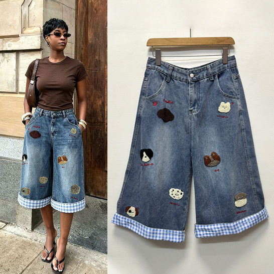 Vintage Dog Embroidery Plaid Patchwork Wide Leg Cropped Jeans for Women Relaxed Fit Stylish Design Casual Wear