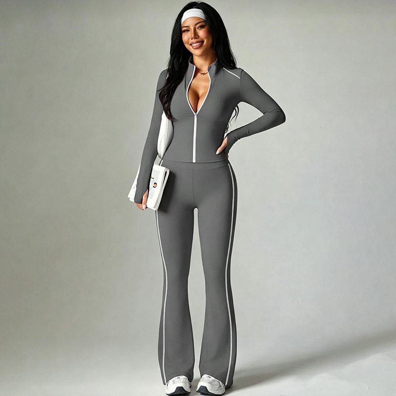 Womens Long Sleeve Zip Top and Fitted Sport Pants Set Solid Color Stylish Lines Autumn Fashion Wholesale Available