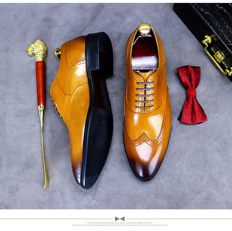 Giày da nam derby mũi tròn chạm khắc brogue cổ thấp buộc dây — Màu nâu, Màu đen, Màu đỏ rượu, Màu cà phê